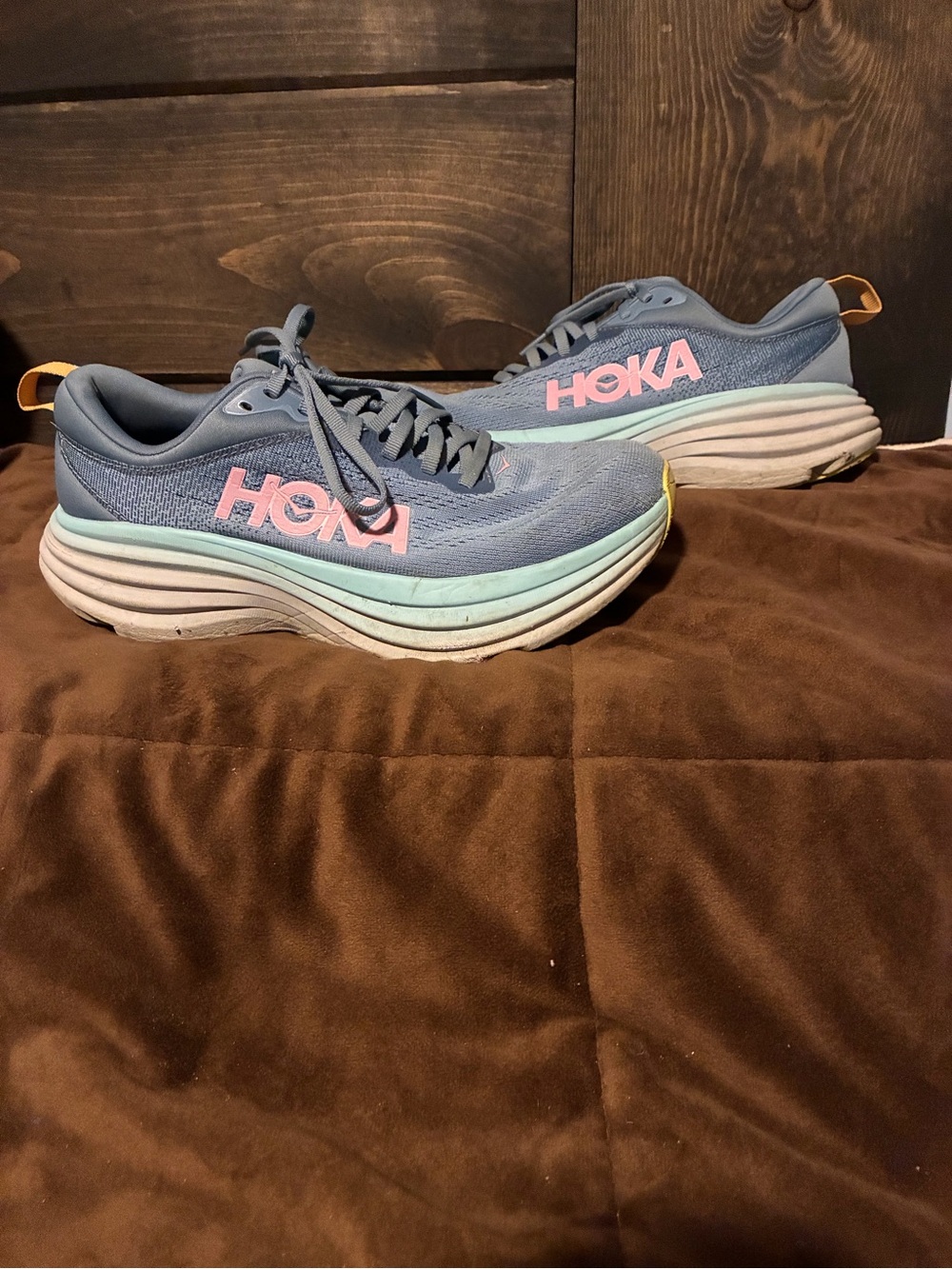 Hoka Women's Blue Running Shoes with Pink Logo, Bondi 8, size 7